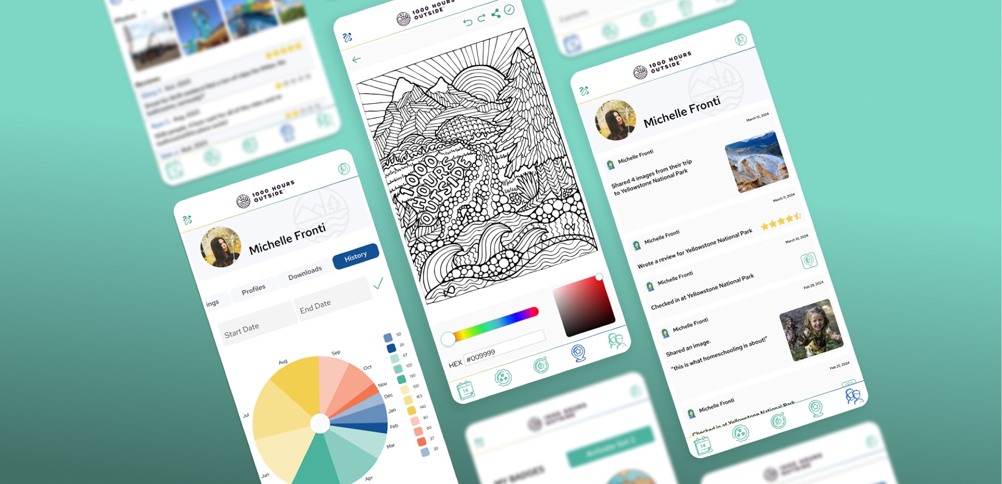 App screens including a coloring page, profile history and community feed