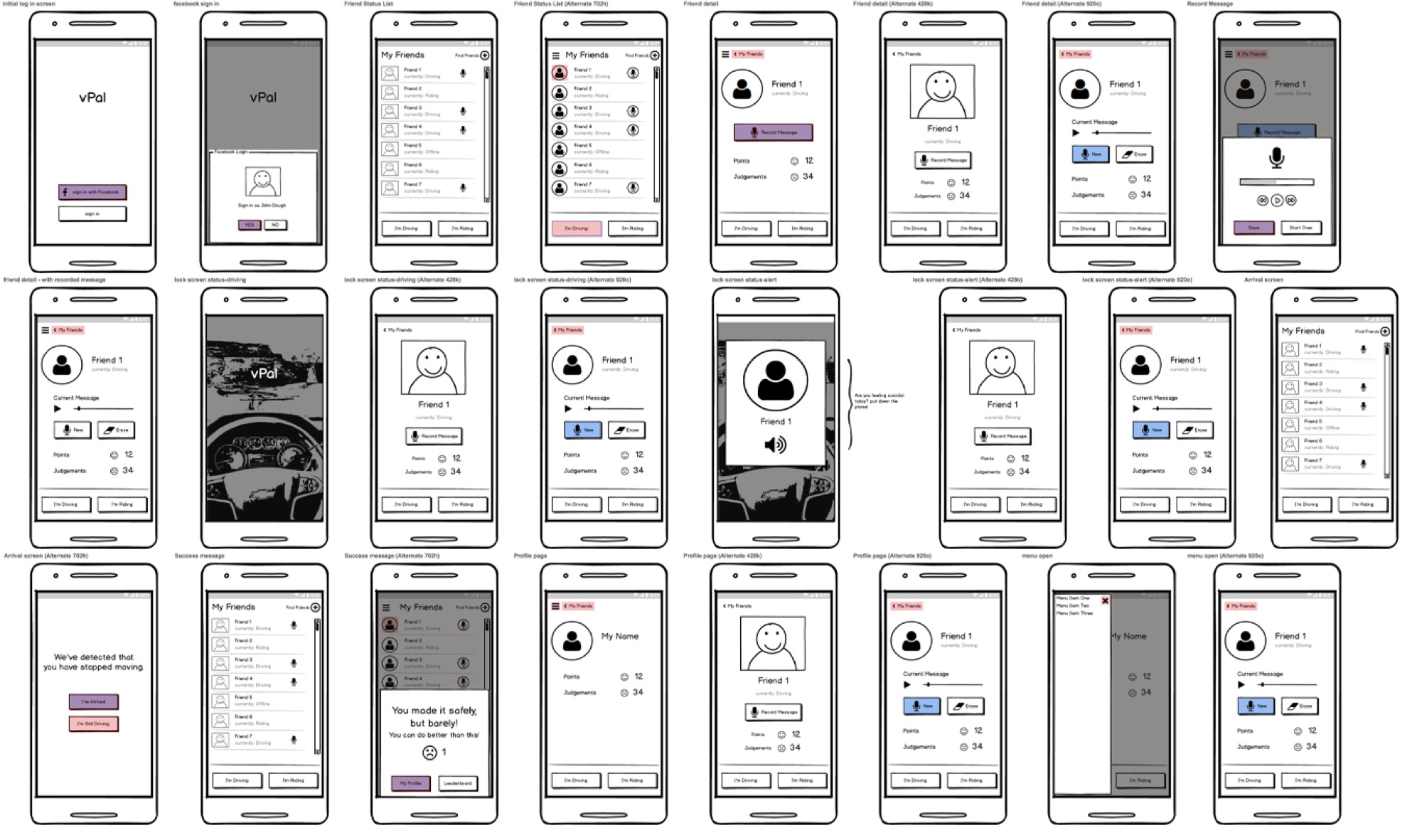Grid of wireframes for the Call Me Out app