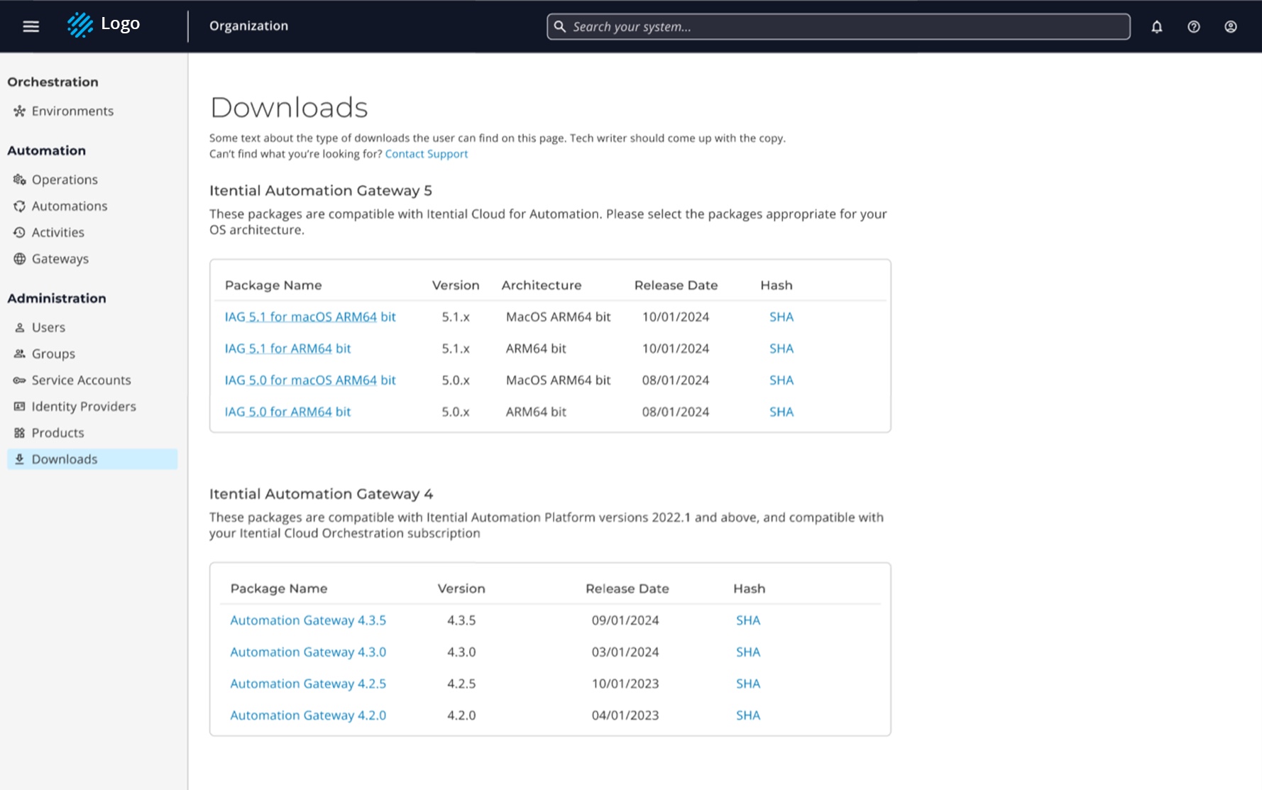 Itential downloads page listing Automation Gateway 5 and 4 packages
