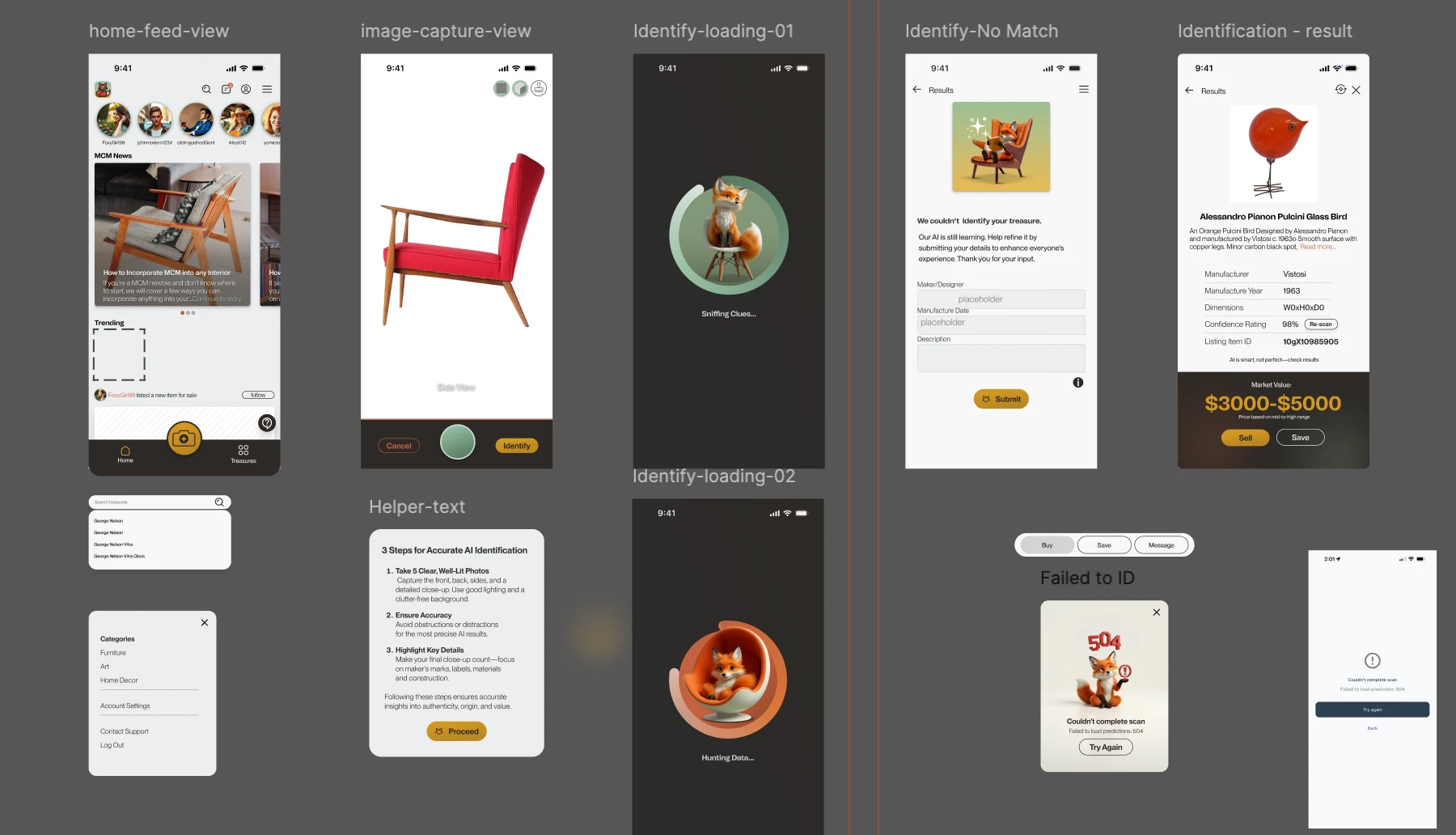 Design board: home feed, image capture, AI identification loading, no-match and result screens