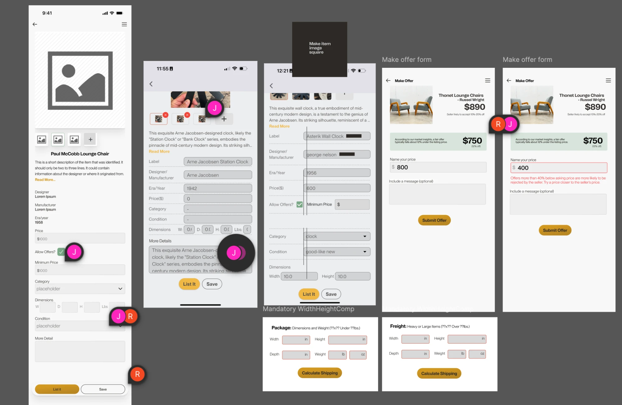 Design board: create listing, make offer and shipping forms