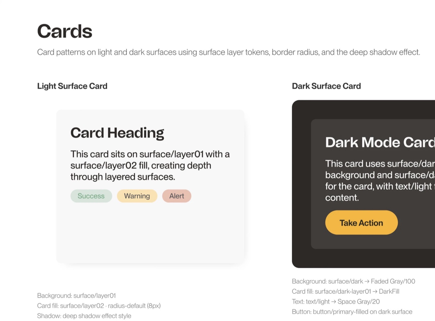 Treasure Fox design system: light and dark surface cards