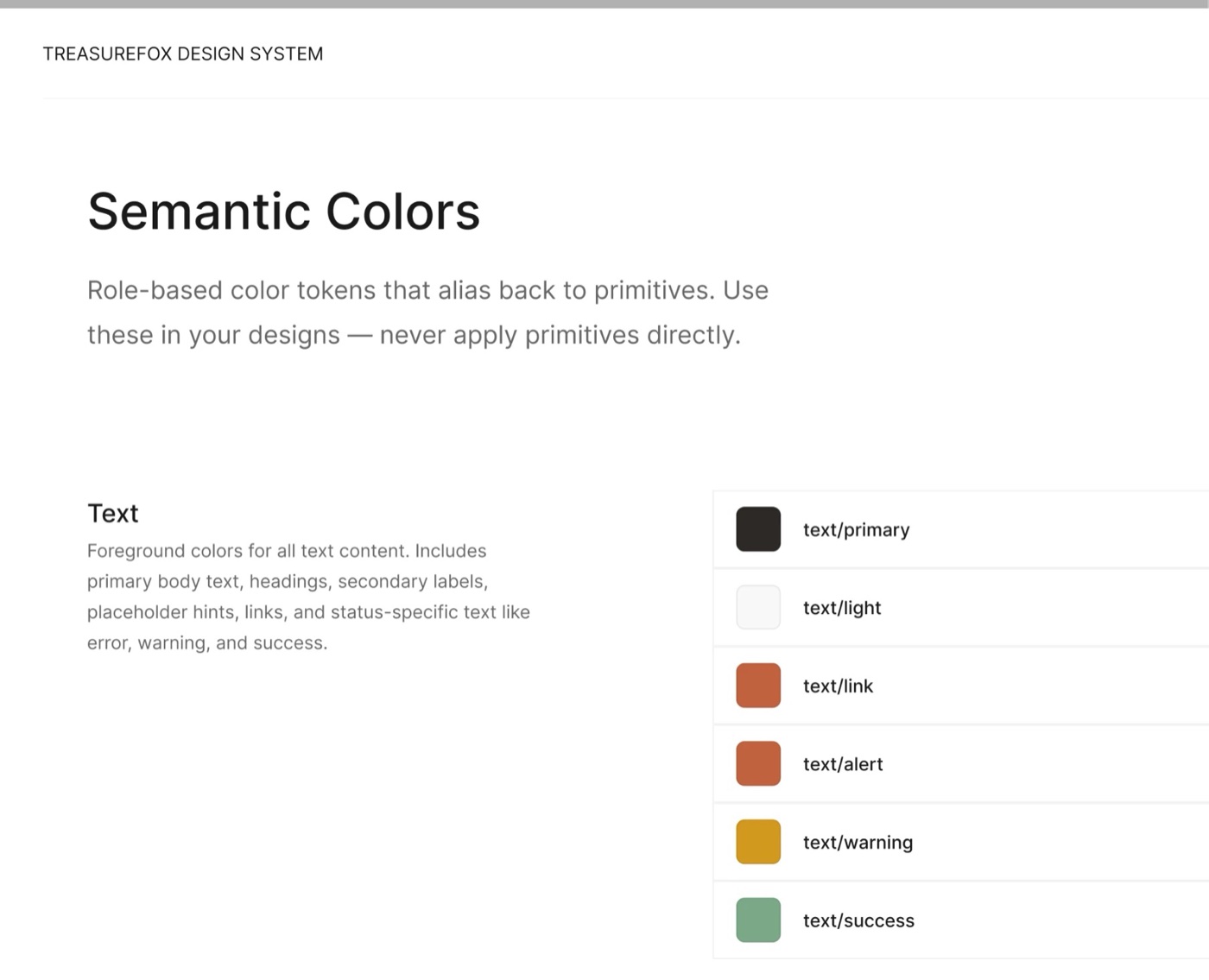 Treasure Fox design system: semantic text color tokens