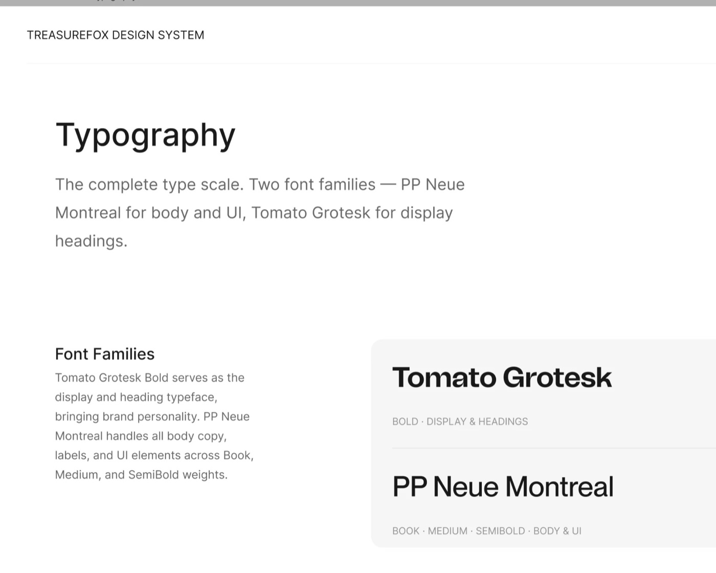 Treasure Fox design system: typography with Tomato Grotesk and PP Neue Montreal